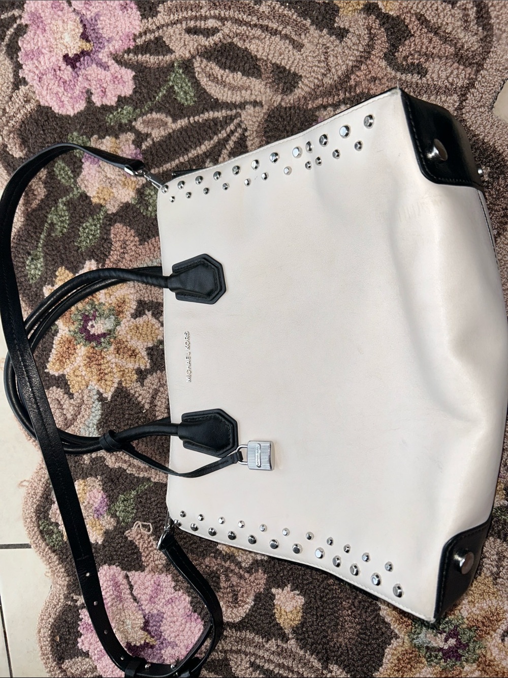 Michael Kors White Tote with Black Trim and Silver Studs